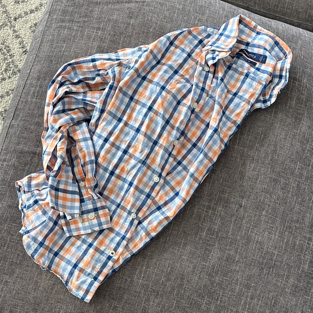 Nautica Blue and Orange Plaid Button-Down Shirt